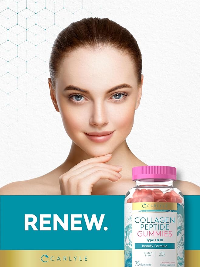 Carlyle Collagen Gummies | Strawberry Flavor Beauty Supplement | Hydrolyzed Collagen Peptides for Women & Men | Type 1 & 3 | Non-GMO, Gluten Free