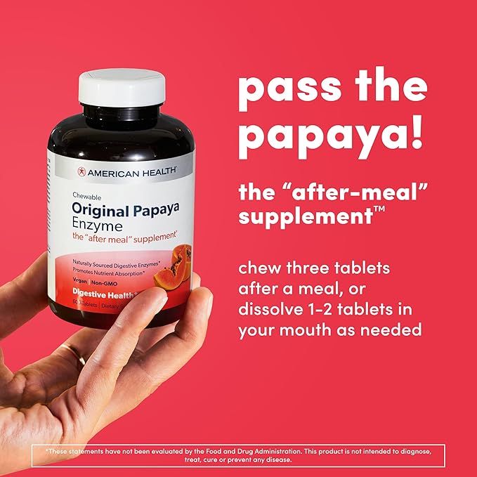 American Health Original Papaya Enzyme Chewable Tablets - Promotes Nutrient Absorption and Helps Digestion - Gluten-Free, Vegetarian - 100 Count, 33 Total Servings