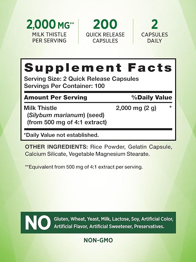 Nature's Truth Milk Thistle | 2000mg | 200 Capsules | Non-GMO and Gluten Free Seed Extract Supplement | Silymarin Marianum