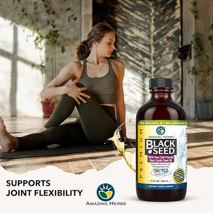 Amazing Herbs Premium Black Seed Oil - Cold Pressed Nigella Sativa Aids in Digestive Health, Immune Support, Brain Function, Joint Mobility, Gluten Free, Non GMO - 8 Fl Oz