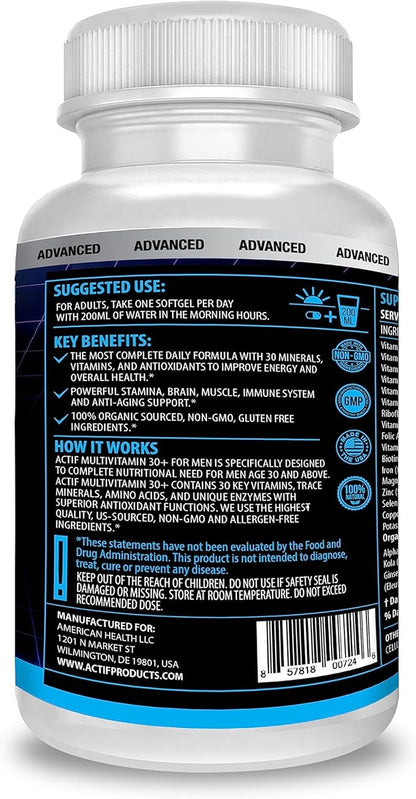 ACTIF Organic Multivitamin for Men Age 30+ with 30 Organic Vitamins and Organic Herbs, Non-GMO, Made in USA, 90 Count