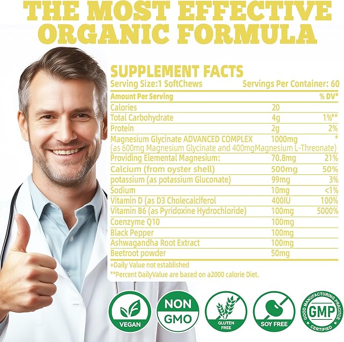 Magnesium Glycinate Soft Chews, Pineapple Flavor.Chewable Sugar Free Potassium Magnesium Chews with Magnesium Glycinate, Vitamin D, B6, and CoQ10 for Calm Support & Sleep for Adults, 60 Days Supply