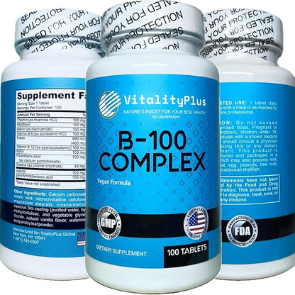 Super B-100 Complex – All B Vitamins Including B12, B1, B2, B3, B5, B6, B7, B9, Folate – High Potency B-Vitamins with Choline, Inositol & PABA – Energy & Metabolism Support – 100 Tablets