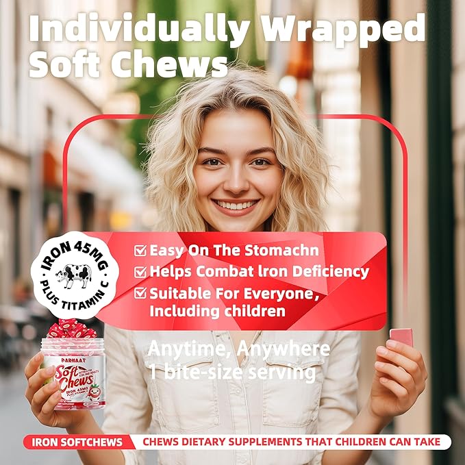Iron Soft Chew Supplement with Vitamin C | Strawberry Flavored | Gluten Free | Iron Supplement for Women Men and Kids | 60 Count | 2 Month Supply