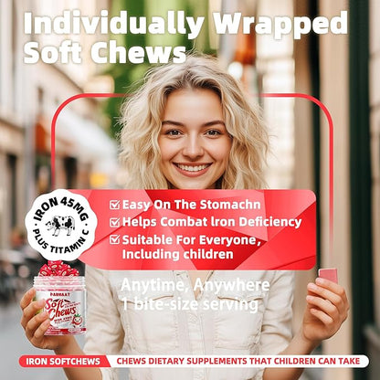Iron Soft Chew Supplement with Vitamin C | Strawberry Flavored | Gluten Free | Iron Supplement for Women Men and Kids | 60 Count | 2 Month Supply