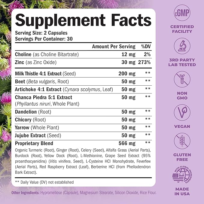 Liver Cleanse Detox & Repair Milk Thistle Supplement - Herbal Liver Support - Choline, Artichoke Extract & Chicory. Dandelion Root Supplement to Support Digestion & Promote Cellular Repair. 60 Caps