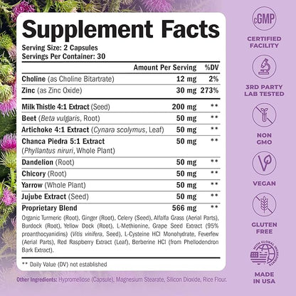 Liver Cleanse Detox & Repair Milk Thistle Supplement - Herbal Liver Support - Choline, Artichoke Extract & Chicory. Dandelion Root Supplement to Support Digestion & Promote Cellular Repair. 60 Caps