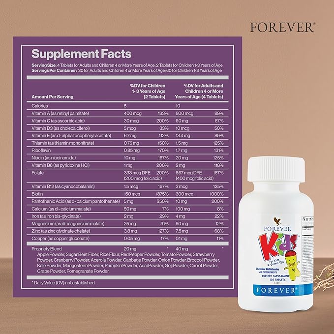 Forever Living - Kids Chewable Multivitamin - Grape Flavor for Healthy Growth and Development - No Artificial Flavors - 120 Tablets (Pack of 2)