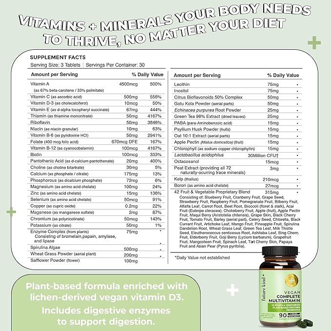 Future Kind Vegan Multivitamins Complete - 42-in-1 Vegan Multivitamins for Women & Men with Enzymes, B12, Zinc, & Probiotics for Digestion (90 tabs in Recycled Bottle)