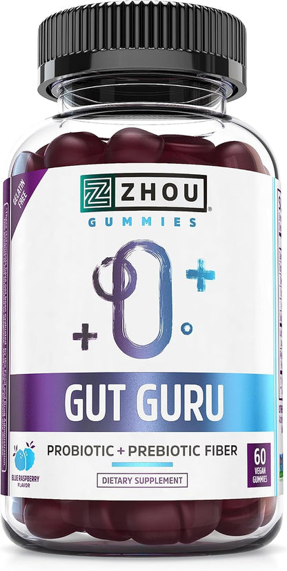 ZHOU Nutrition Gut Guru Prebiotics and Probiotics for Women and Men, 2 in 1 Probiotic and Prebiotic Gummies for Digestive Gut Health and Immune Support, Vegan, Gluten Free, Non-GMO, 60 Count