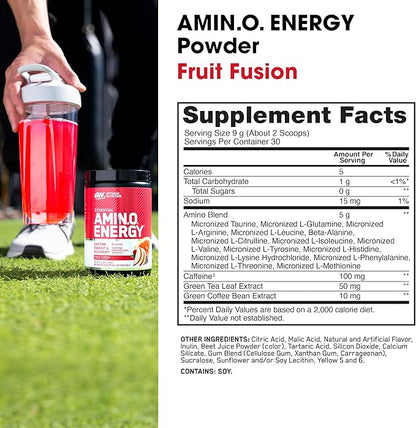 Optimum Nutrition Amino Energy - Pre Workout with Green Tea, BCAA, Amino Acids, Keto Friendly, Green Coffee Extract, Energy Powder - Fruit Fusion, 30 Servings (Packaging May Vary)