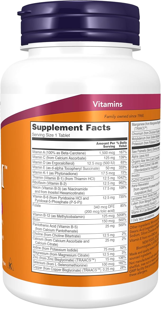 NOW Foods Supplements, ADAM™ Men's Multivitamin with Saw Palmetto, Lycopene, Alpha Lipoic Acid and CoQ10, Plus Natural Resveratrol & Grape Seed Extract, 60 Tablets