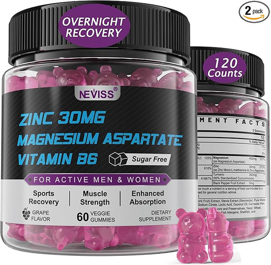 Zinc and Magnesium Supplement, Zinc Magnesium Aspartate Post Workout Gummies for Men Women, w/Vitamin B6, B12, D3, Turmeric for Nighttime Muscle Recovery, Boost Immunity & Sleep, Sugar Free, 120 Cts