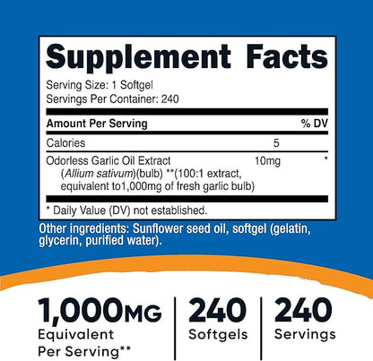 Nutricost Garlic 1000mg, 240 Softgels - Odorless, Premium Gluten Free Supplement