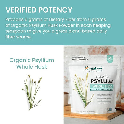 Himalaya Organic Psyllium Whole Husk, Natural Daily Fiber Supplement, Regularity, Appetite Management, USDA Certified Organic, Non-GMO, 56-Tablespoon Supply, Unflavored, 12 Oz