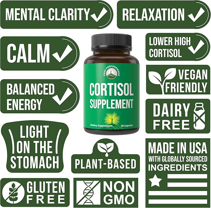 5-in-1 Cortisol Supplement for Women & Men. Lower High Cortisol with Ashwagandha, Rhodiola Rosea, L-Theanine, Phosphatidylserine, Magnolia Bark. Calm Relaxation, Balanced Energy, Vegan Supplements