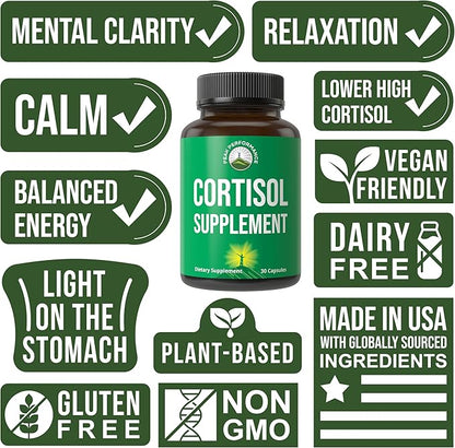 5-in-1 Cortisol Supplement for Women & Men. Lower High Cortisol with Ashwagandha, Rhodiola Rosea, L-Theanine, Phosphatidylserine, Magnolia Bark. Calm Relaxation, Balanced Energy, Vegan Supplements