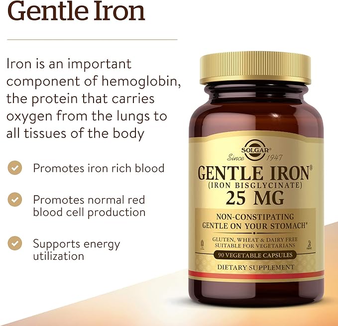 Solgar Gentle Iron 25mg, 90 Vegetable Capsules - Energy, Normal Red Blood Cell Production - Gentle on the Stomach - Non-GMO, Vegan, Gluten Free, Dairy Free, Kosher, Halal - 90 Servings