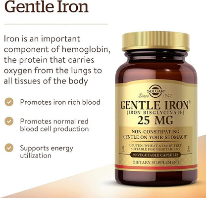 Solgar Gentle Iron 25mg, 90 Vegetable Capsules - Energy, Normal Red Blood Cell Production - Gentle on the Stomach - Non-GMO, Vegan, Gluten Free, Dairy Free, Kosher, Halal - 90 Servings