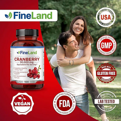 FineLand Cranberry Extract 60:1 (30,000mg Equivalent) - High Potency Urinary Tract Support - 100 Vegan Capsules, 3-Month Supply - Non-GMO, Gluten-Free, USA Made