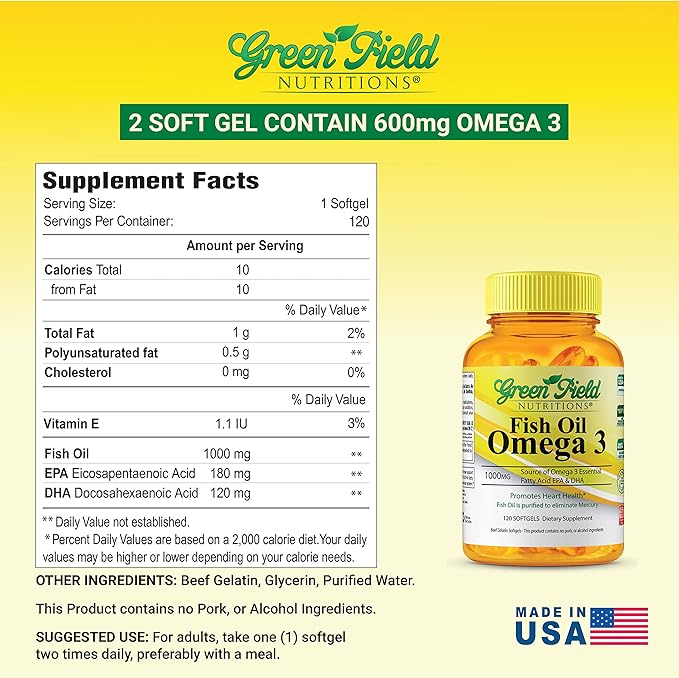 Greenfield Nutritions Halal Fish Oil 1000mg, 300mg Halal Omega 3, Small Wild Peruvian Fish Oil Halal Vitamins, EPA 180mg & DHA 120mg, Non-GMO, Gluten Free, Support Brain & Heart Health, 120 Pills