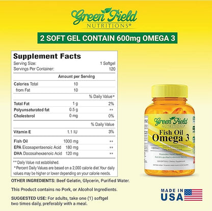 Greenfield Nutritions Halal Fish Oil 1000mg, 300mg Halal Omega 3, Small Wild Peruvian Fish Oil Halal Vitamins, EPA 180mg & DHA 120mg, Non-GMO, Gluten Free, Support Brain & Heart Health, 120 Pills