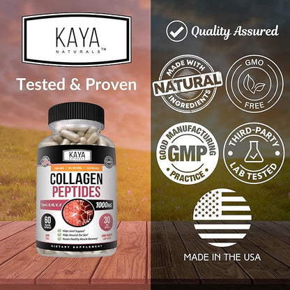 Kaya Naturals Multi Collagen Peptides Complex Powder for Women and Men, Types I, II, III, V & X | 60 Count Capsules