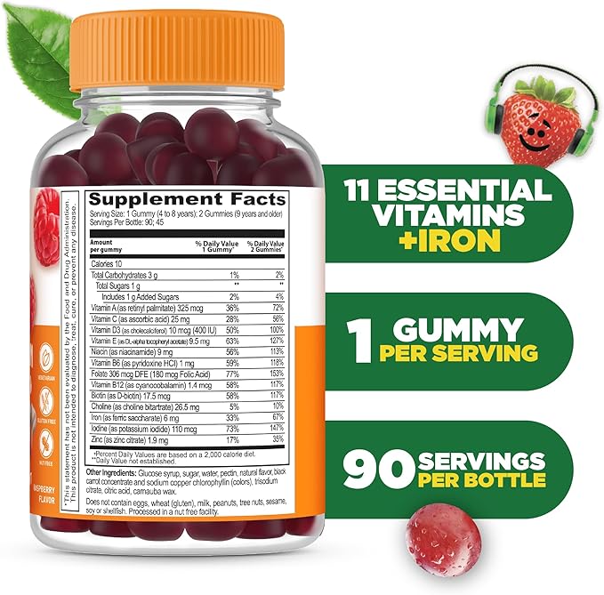 Lifeable Kids Multivitamin with Iron Gummies | Great Tasting Vitamins for Kids | Vegetarian Non-GMO Childrens Multivitamin | 90 Gummies