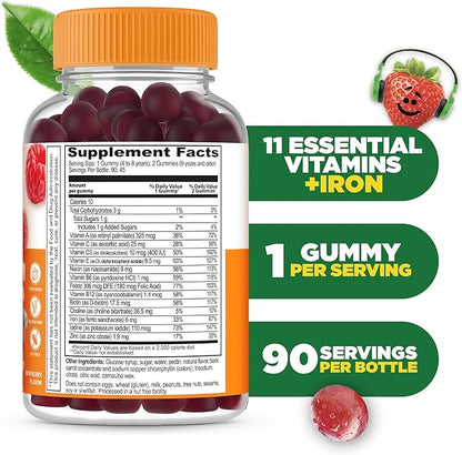 Lifeable Kids Multivitamin with Iron Gummies | Great Tasting Vitamins for Kids | Vegetarian Non-GMO Childrens Multivitamin | 90 Gummies