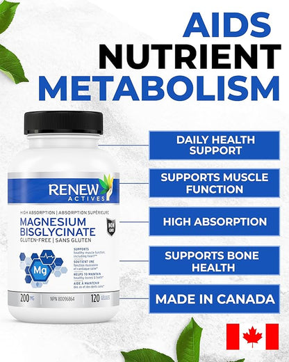 RENEW ACTIVES Magnesium Glycinate 400MG per 2 Capsules Pure Magnesium Bisglycinate for Full Body Relaxation, Sleep, Muscles, Bones & Energy - Electrolyte Balance - Made in Canada -120 Capsules