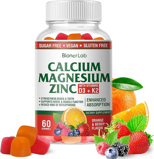 Calcium Magnesium Zinc Gummies with Vitamin D3 & K2 - High Potency Enhanced Absorption - Orange and Berry Flavored