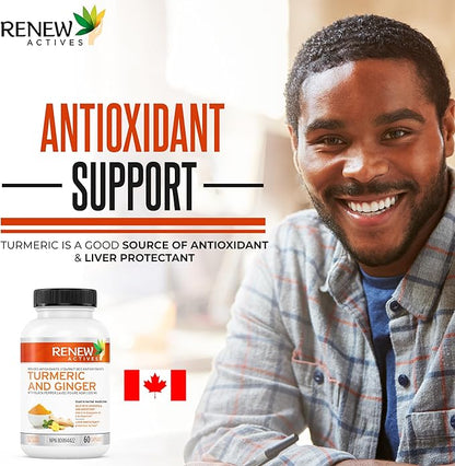 Renew Actives Turmeric Curcumin 1000MG & 200MG Ginger per 2 Capsules - Potent Antioxidant with Bioperine & Black Pepper Blend for Digestive & Liver Health - Made in Canada - 60 Capsules