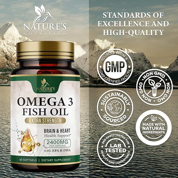 Triple Strength Omega 3 Fish Oil Supplement, EPA & DHA Fish Oil Omega 3 Essential Fatty Acids Supplement Softgels, 2400mg Brain & Heart Health Support Supplements - Gluten Free, Non-GMO, 60 Softgels