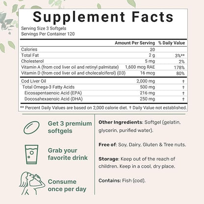 Triple Strength Omega 3 Fish Oil Supplements 4200mg Per Serving & Cod Liver Oil 2,000mg Per Serving, 360 Softgels | Lemon Flavored – Burpless – Wild Caught – Arctic Deep Sea Fish