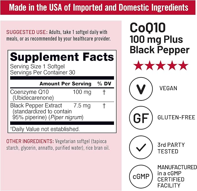 NatureWise CoQ10 100mg Softgels, High Absorption Coenzyme 10 with BioPerine Black Pepper - Antioxidant for Heart Health + Cellular Energy - Vegan, Non-GMO, Gluten-Free - 30 Count[1-Month Supply]
