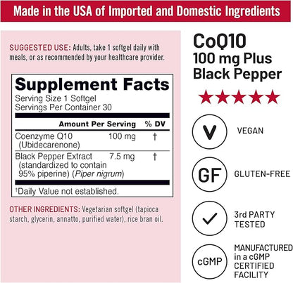NatureWise CoQ10 100mg Softgels, High Absorption Coenzyme 10 with BioPerine Black Pepper - Antioxidant for Heart Health + Cellular Energy - Vegan, Non-GMO, Gluten-Free - 30 Count[1-Month Supply]