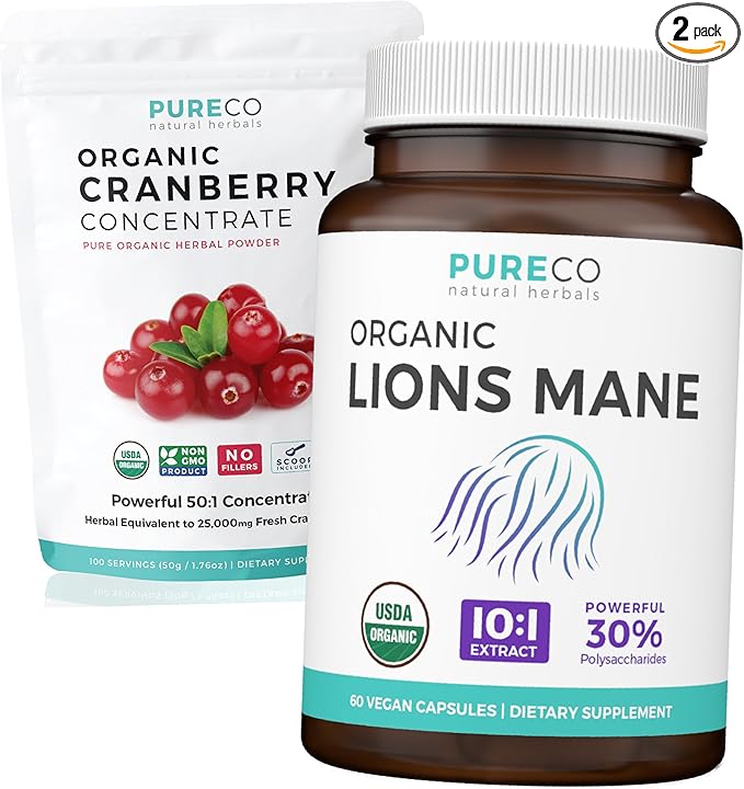 Cranberry Powder & Lions Mane (1-Month Supply) Mindful Cranberry Bundle of Organic Cranberry Concentrate Powder 50:1 Extract (100 Scoops) & Organic Lions Mane Mushroom 10:1 Extract (60 Caps)