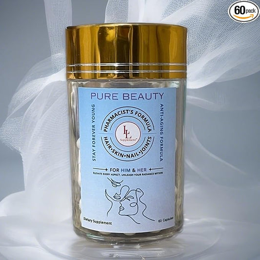 Pure Beauty by LL Supplement – Pharmacist-Formulated Anti-Aging Collagen, NR, Resveratrol, Hyaluronic Acid, CoQ10 – Glow, Hydrate, Renew from Within – 60 Capsules