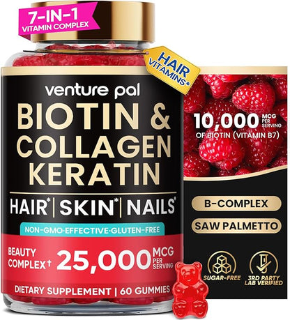 Venture Pal Biotin Gummies with Collagen & Keratin - Hair Growth Support Skin and Nail Strength Vitamins for Women & Men - Biotin 10000mcg | B-Complex | Saw Palmetto - Sugar Free, Non-GMO, 60ct