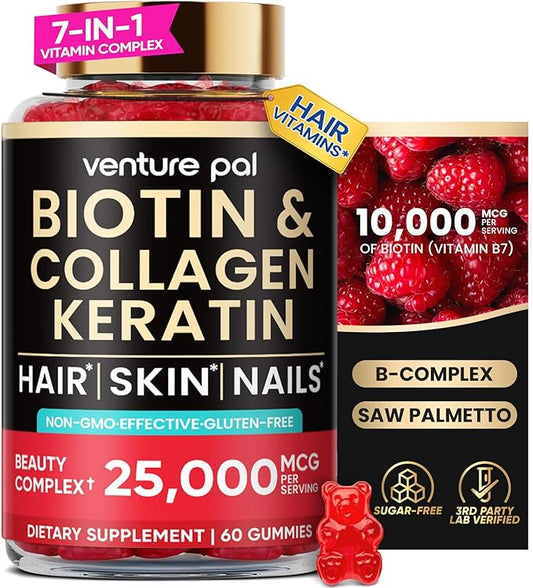 Venture Pal Biotin Gummies with Collagen & Keratin - Hair Growth Support Skin and Nail Strength Vitamins for Women & Men - Biotin 10000mcg | B-Complex | Saw Palmetto - Sugar Free, Non-GMO, 60ct