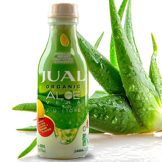 JUAL Healthy Organic Aloe Vera Juice drink, 16.7 Fl Oz - Lemon & Ginger Flavor - Aloe Vera Drink - Vegan, Zero Sugar, Aloin free Pure Aloe Juice for Gut Health - Immune Booster, 500ml (Pack of 1)