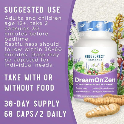 Ridgecrest Herbals DreamOn Zen, Sleep Support Supplement, Melatonin Free, Magnesium, 5-HTP, Lavender, Chamomile, Valerian, Lemon Balm for Adults and Children 12+ (60 Caps, 30 Serv)