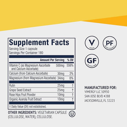 Vimergy Micro-C® Vitamin C Capsules – 500mg per Capsule, Supports Immune Health*, Promotes Collagen Production, Supports Healthy Bones*, Kosher, Vegan & Gluten-Free, Travel Size 90 Capsules