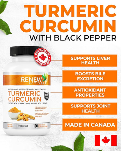 Renew Actives Turmeric Curcumin with Black Pepper – 600MG Turmeric Root, 100MG Curcuminoids per 2 Capsules – Supports Digestion, Liver Health, Joint Relief & Mobility – Made in Canada – 120 Capsules