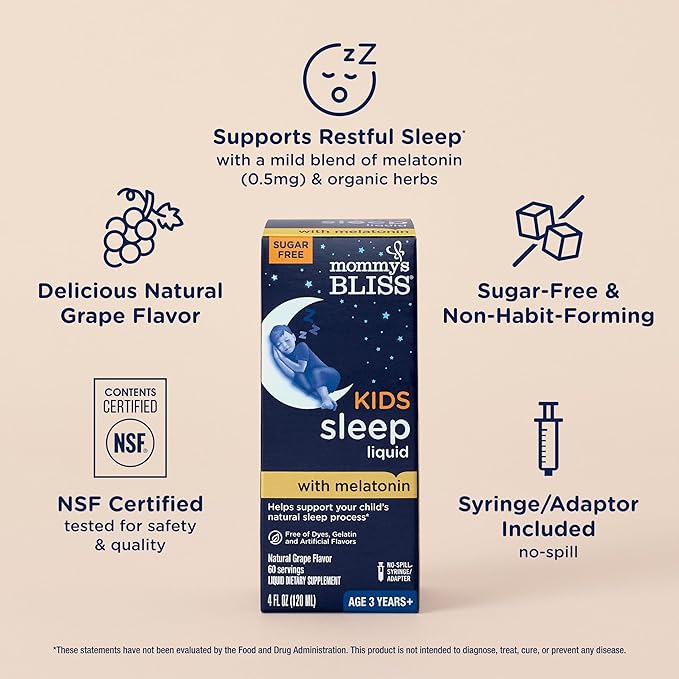 Mommy's Bliss Kids Sleep Liquid with Melatonin & Calming Herbs | Supports The Natural Sleep Process for Children 3 Years & Up | Grape Flavor | Sugar Free| 4 Fl Oz (60 Servings)