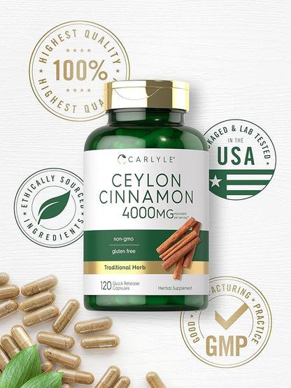 Carlyle Ceylon Cinnamon Capsules 4000 mg | 120 Count | Non-GMO & Gluten Free Supplement