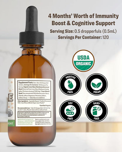 RawGuru Lion's Mane Mushroom Tincture - Vegan Lion's Mane Extract with Trace Minerals - Nano-Processed Immunity Boost & Cognitive Supplement - 120 Servings of Vegan Drops per 60 ml, Pack of 1