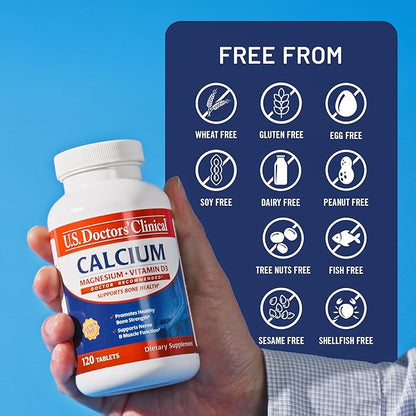 U.S. Doctors' Clinical 1200mg Calcium Citrate & Carbonate Complex with Magnesium & Vitamin D3 - Calcium Supplement for Bone Strength, Muscles & Nerves - Vegan, Non-GMO - 120 Tablets - 2-Month Supply