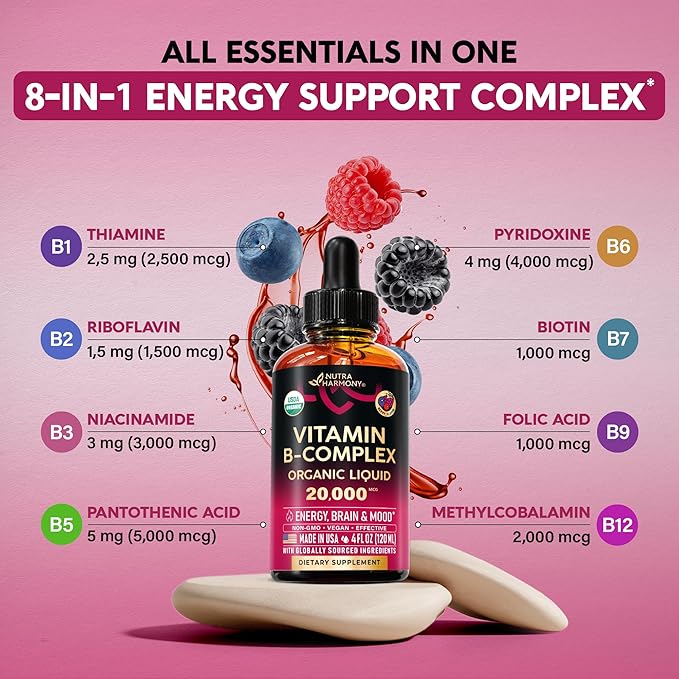 USDA Organic Vitamin B-Complex B5 Pantothenic Acid | B12 Methylcobalamin | B1 Thiamine | B6 Pyridoxine | B7 Biotin | B9 Folic | B3 Niacinamide - B Complex Liquid Drops, Made in USA Supplement, 4fl oz