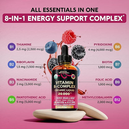 USDA Organic Vitamin B-Complex B5 Pantothenic Acid | B12 Methylcobalamin | B1 Thiamine | B6 Pyridoxine | B7 Biotin | B9 Folic | B3 Niacinamide - B Complex Liquid Drops, Made in USA Supplement, 4fl oz